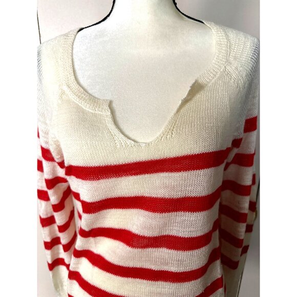 French Chic Sweater Lucky Brand Med Red White Preppy Coastal Granny Semi Sheer - Picture 2 of 7
